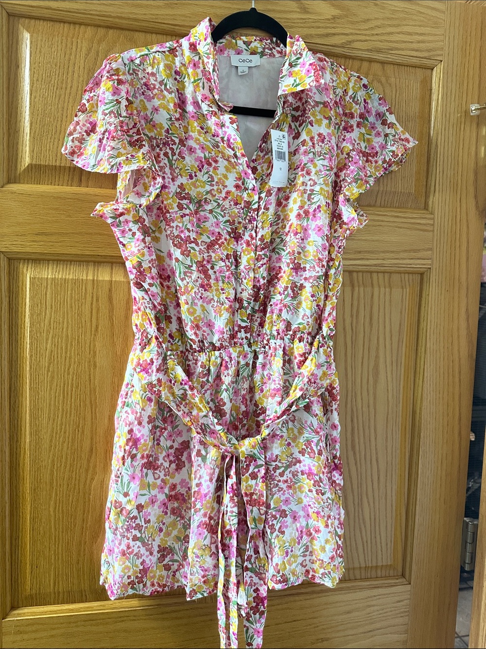 CeCe Pink Yellow Floral Tie-Front Romper with Ruffle Sleeves